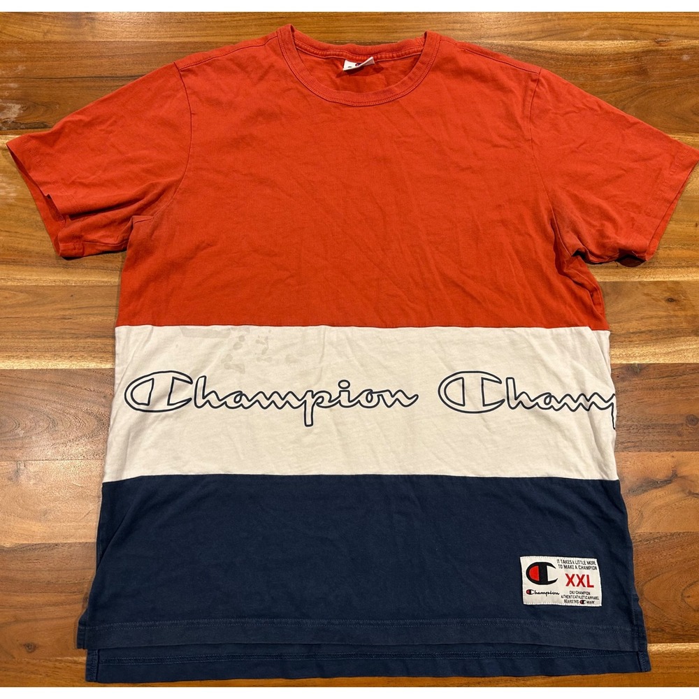 Champion Mens XXL T-Shirt Colorblock Red White Blue Script Logo Graphic Tee